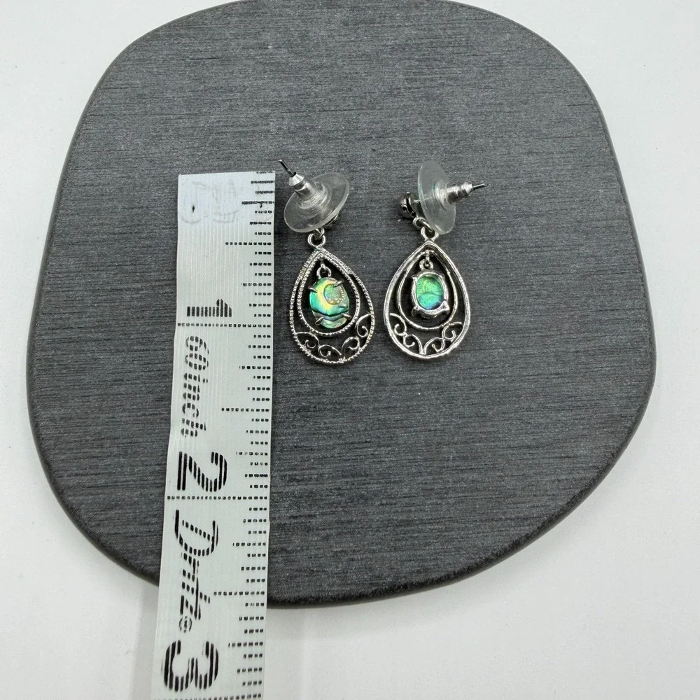Abalone Shell Teardrop Dangle Earrings Silver Tone Scroll Drop Boho Jewelry